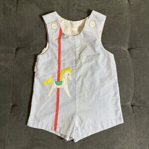 Vintage 70s Seersucker Baby Boy Romper 12m Smocked Embroidered Horse